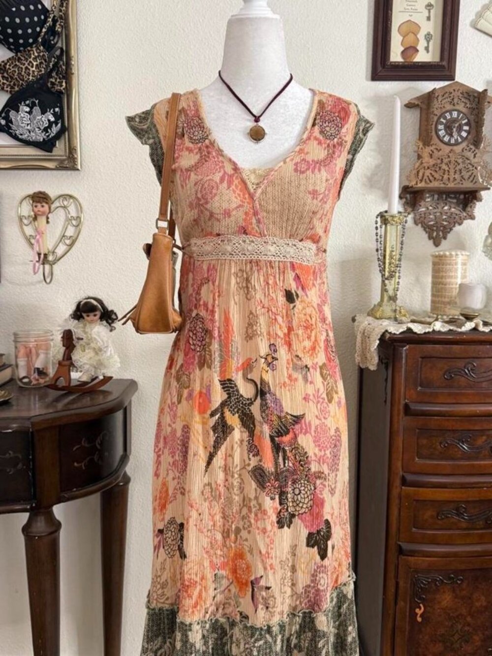 Y2k boho fairy grunge whimsical floral patchwork midi dress